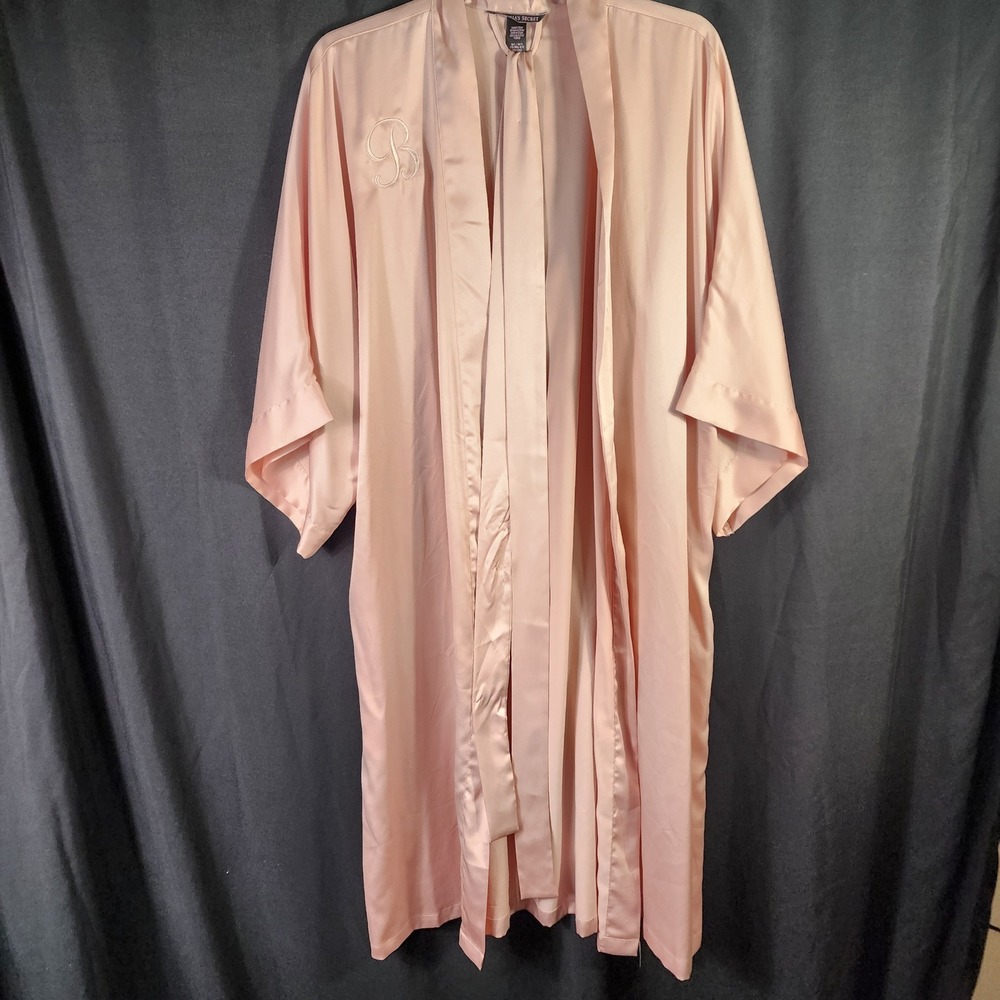 Victoria's Secret‎ Pink Satin Long Robe Monogram B Kimono Wrap Pockets ML